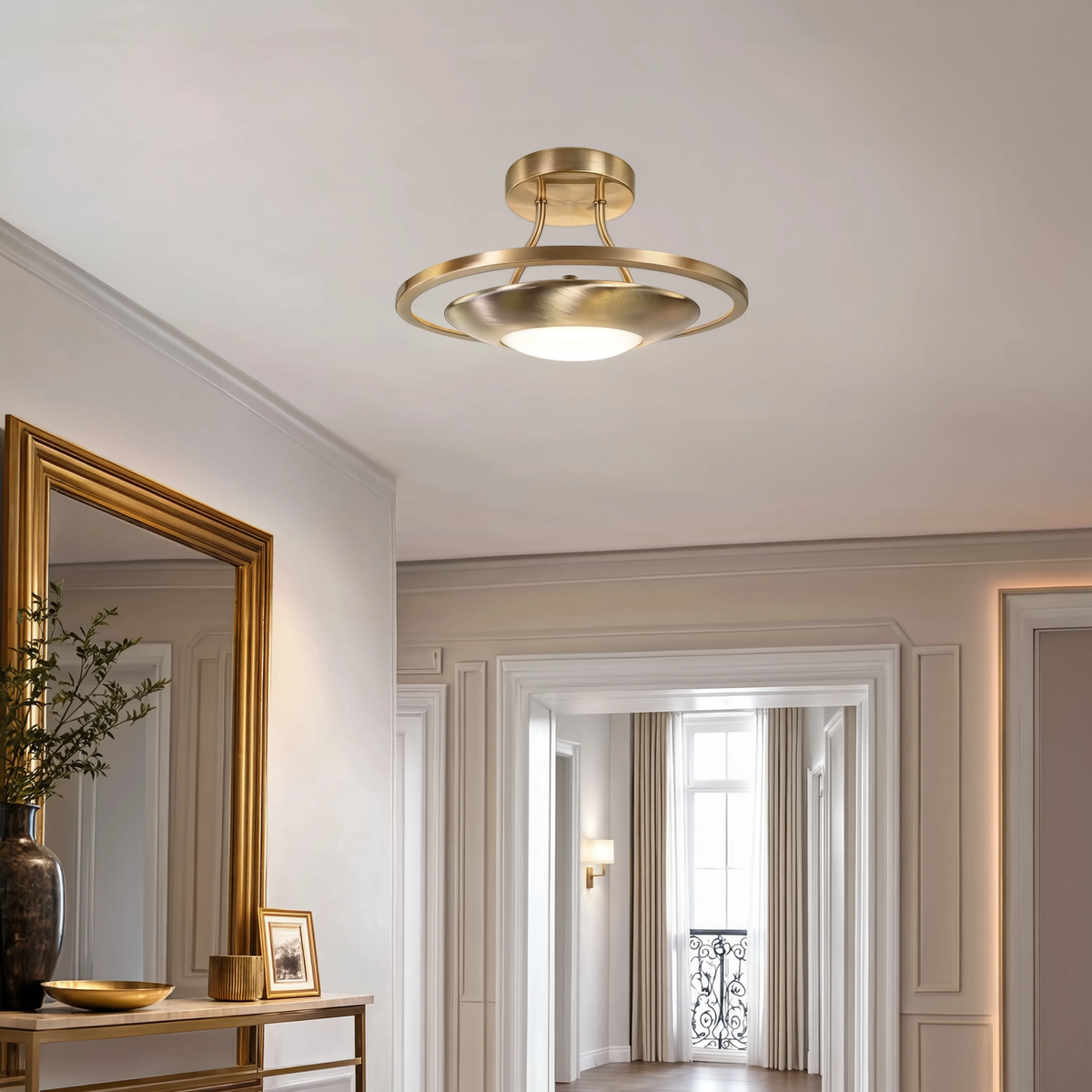 Antik Mässing Taklampa med Opalglas – Semi-Flush, LED, Elegant Belysning