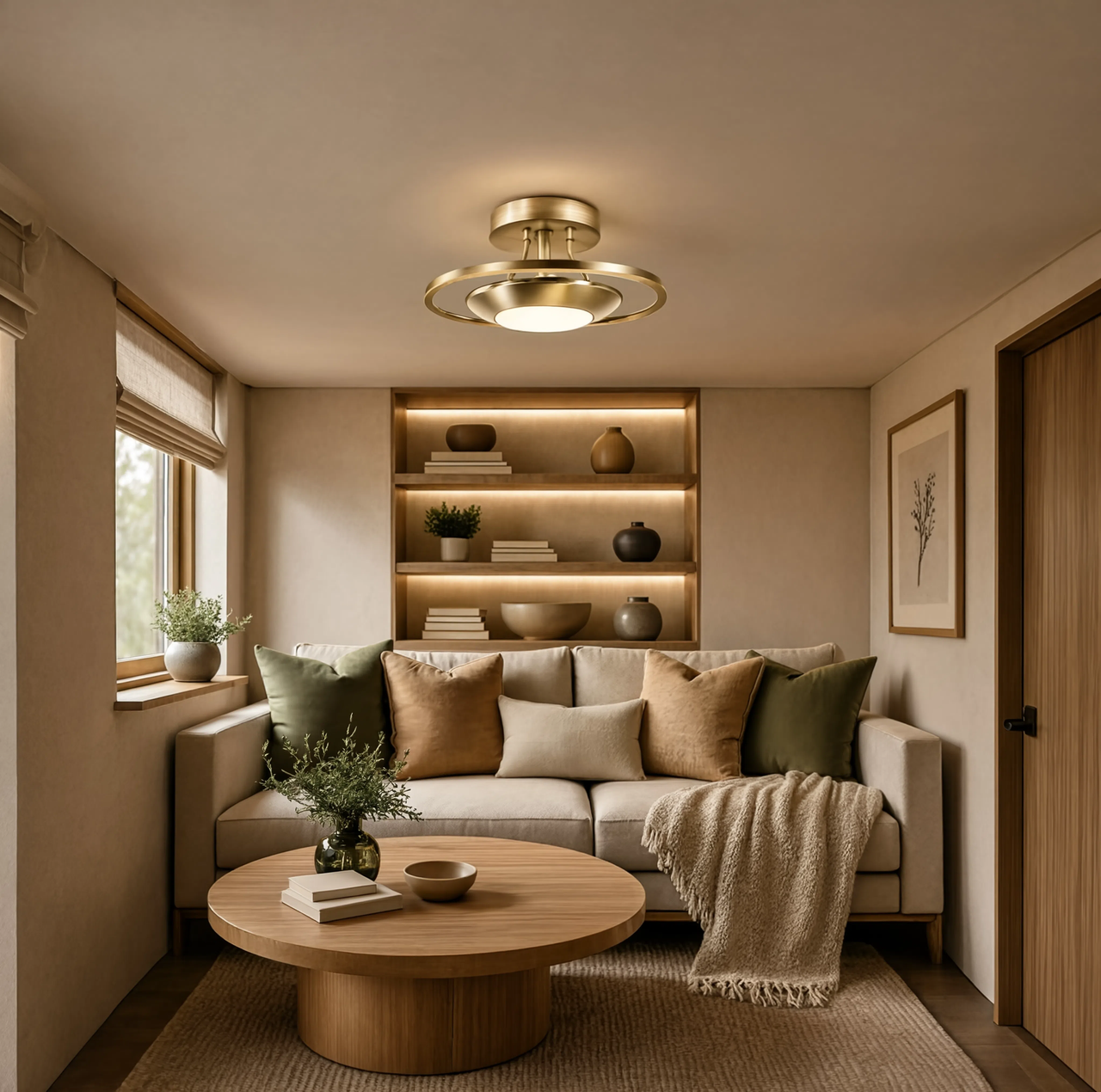 Antik Mässing Taklampa med Opalglas – Semi-Flush, LED, Elegant Belysning