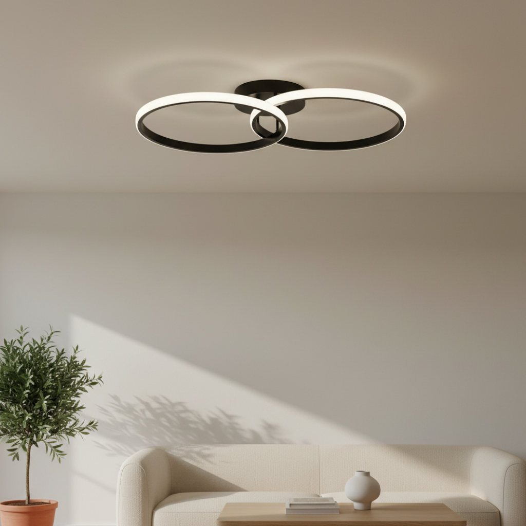 Svart LED Taklampa med Dubbla Ringar – 42W, 4500K, Modern Takbelysning