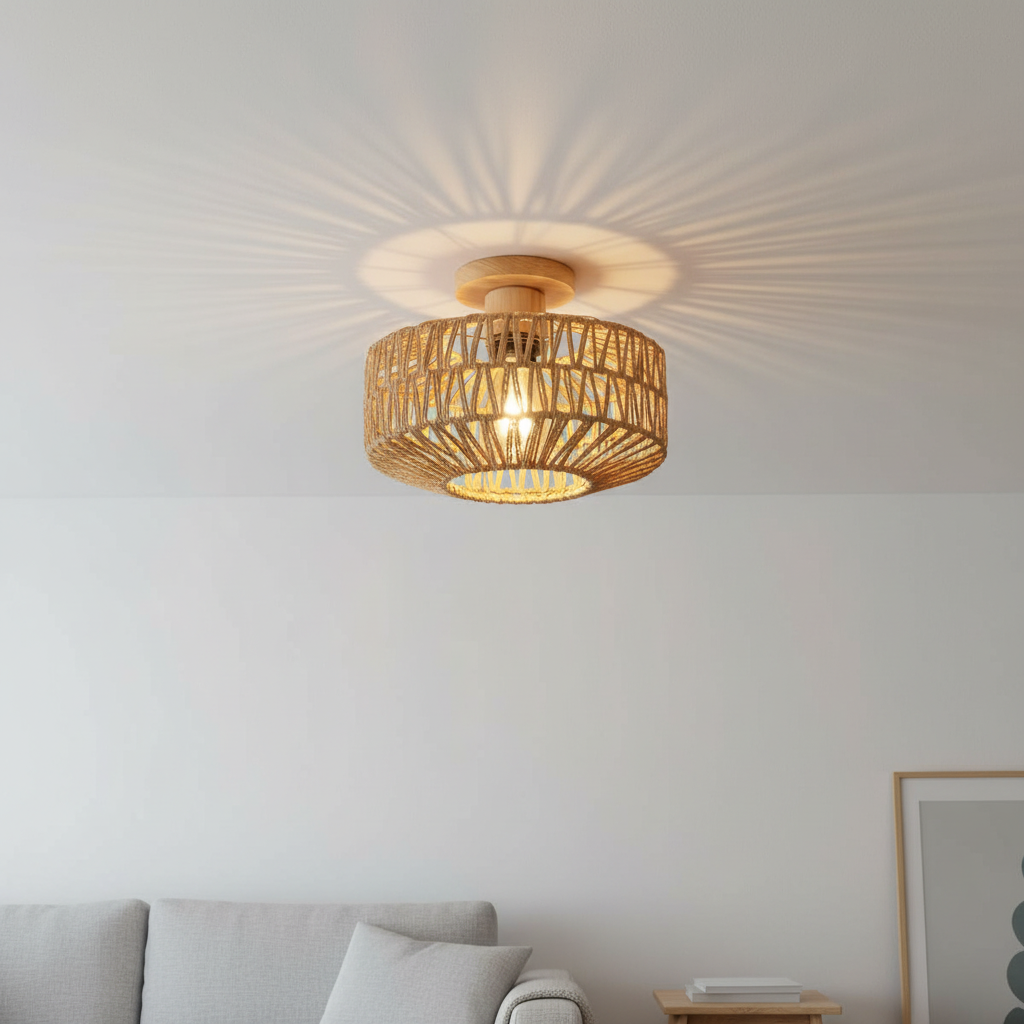 Boho Rattan Taklampa 20 cm – Vintage, E27 LED, Skandinavisk Design