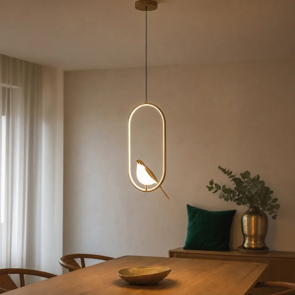 Guldfärgad Fågel LED Pendellampa – Skulptural, Justerbar Höjd