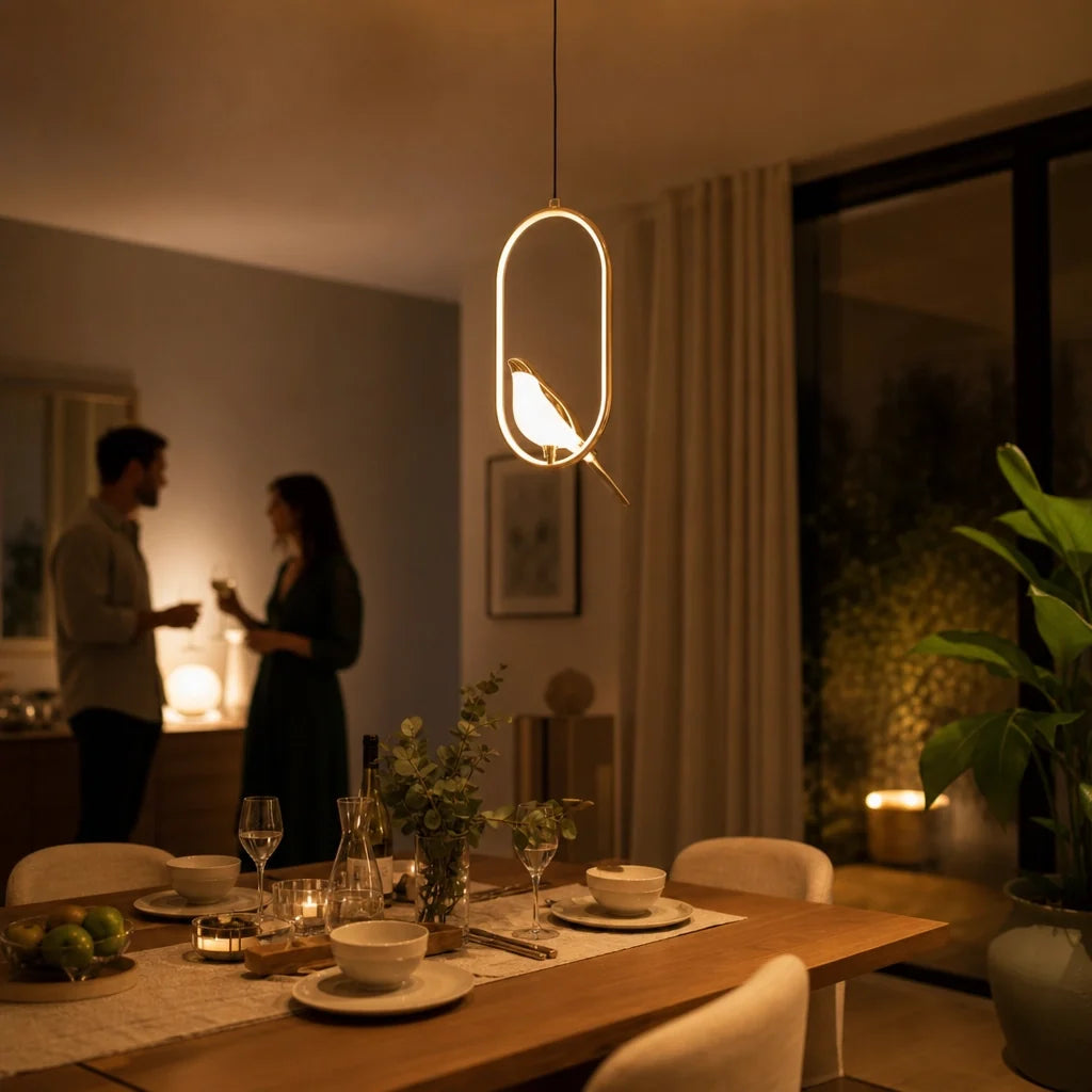 Guldfärgad Fågel LED Pendellampa – Skulptural, Justerbar Höjd