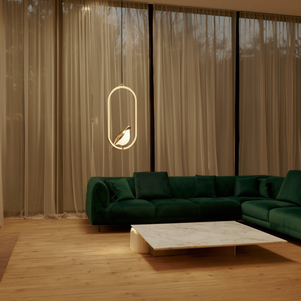 Guldfärgad Fågel LED Pendellampa – Skulptural, Justerbar Höjd