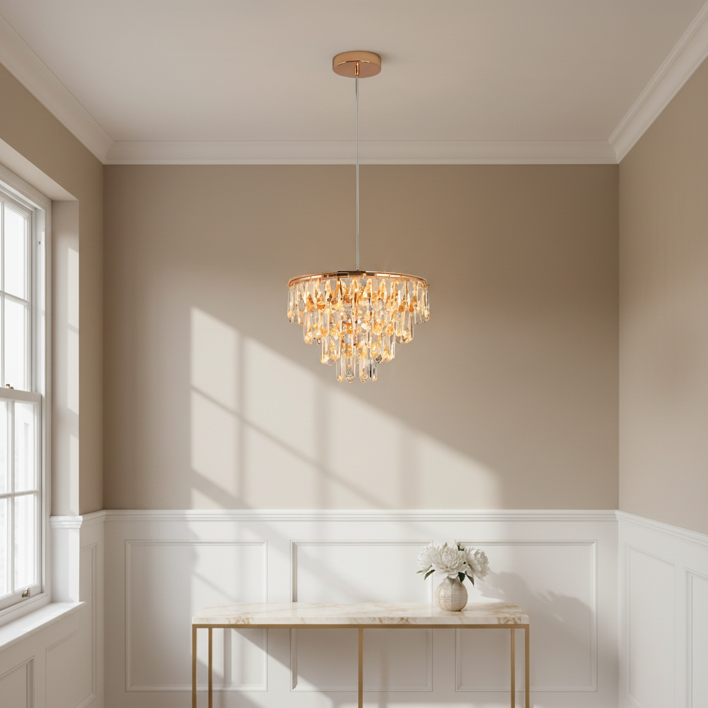 Guldfärgad Mini Kristallkrona 35 cm – Integrerad LED, 3 ljuslägen