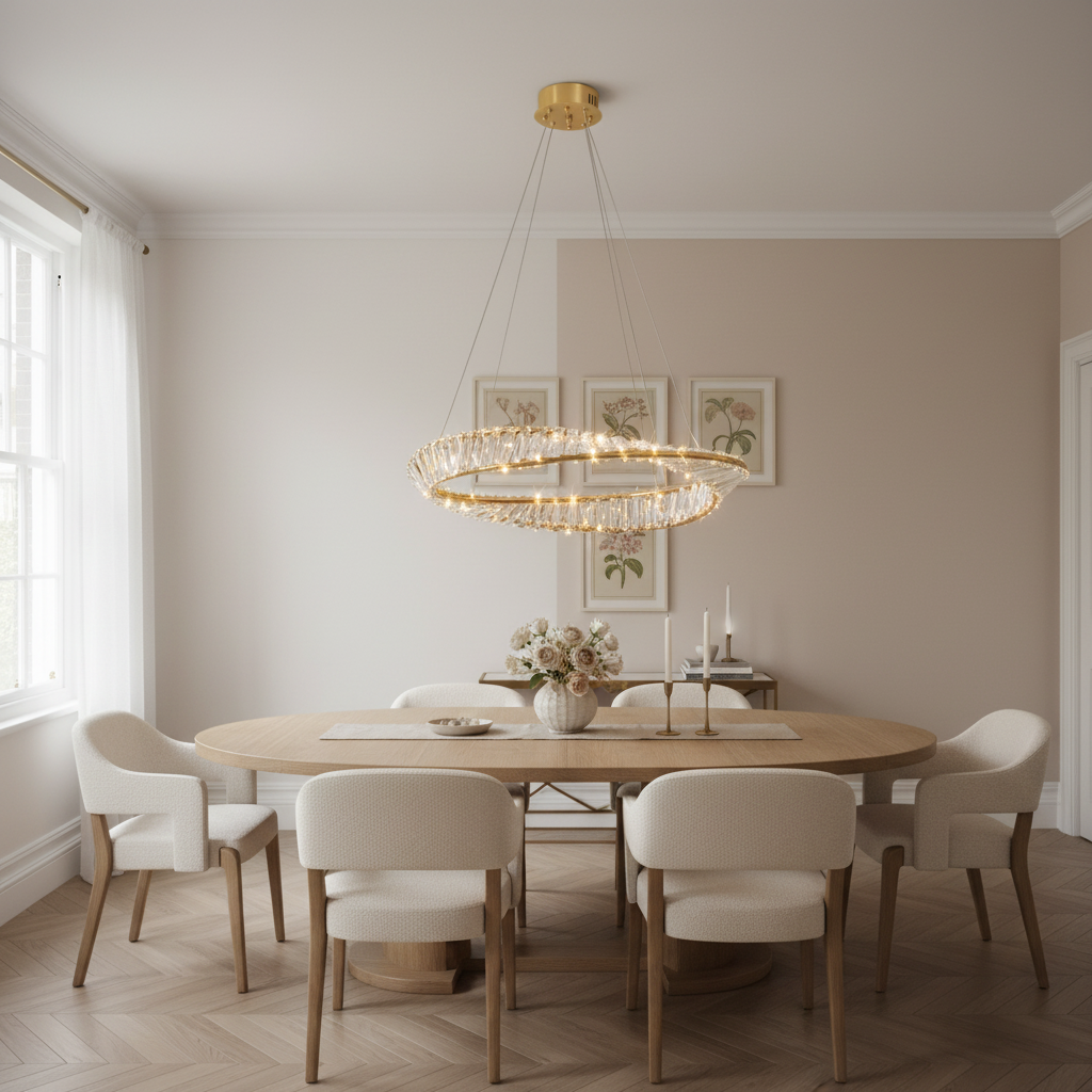 Guldfärgad Kristallring Pendellampa 115 cm – 3 ljuslägen, Integrerad LED