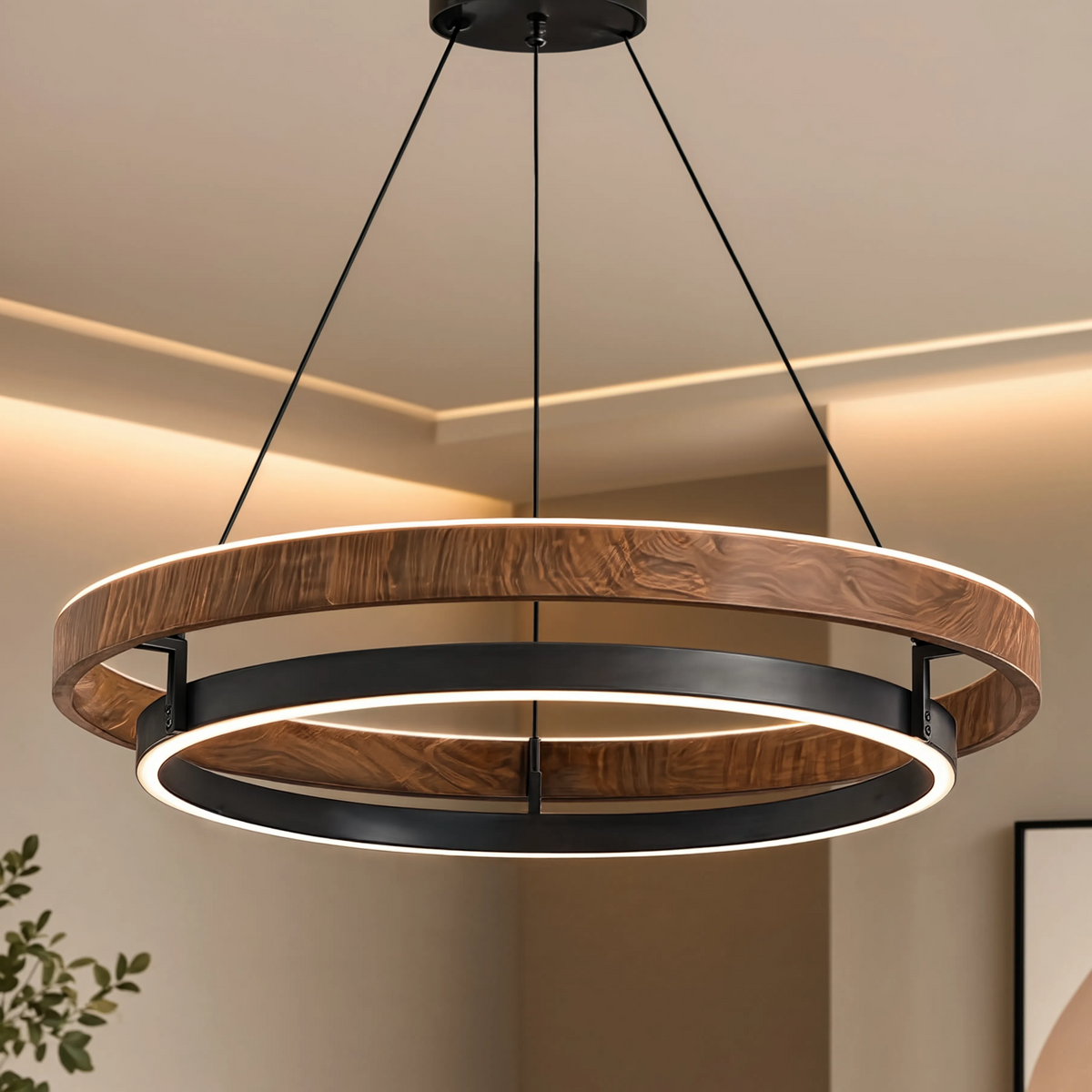 Valnöt & Aluminium LED Pendellampa – 60/80/100 cm, Modern Takbelysning