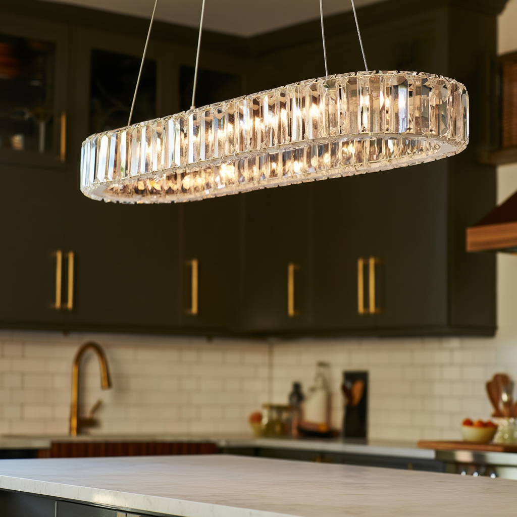 Förkromad Smal Oval Kristallpendel 57 cm – 3-färgs LED, Elegant Belysning