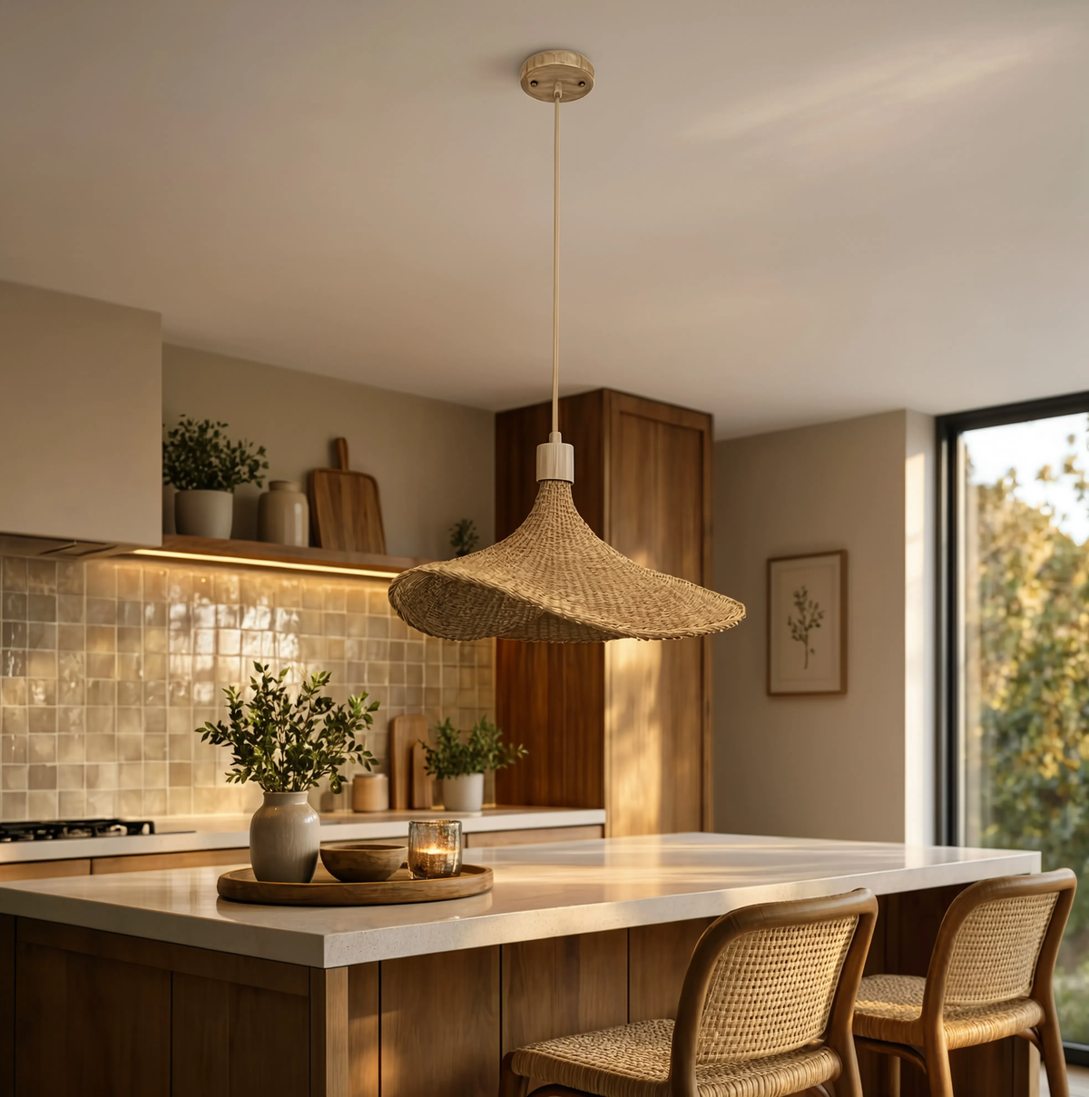 Flätad Bambupendel – Boho Taklampa, E27, Naturlig Skandinavisk Design