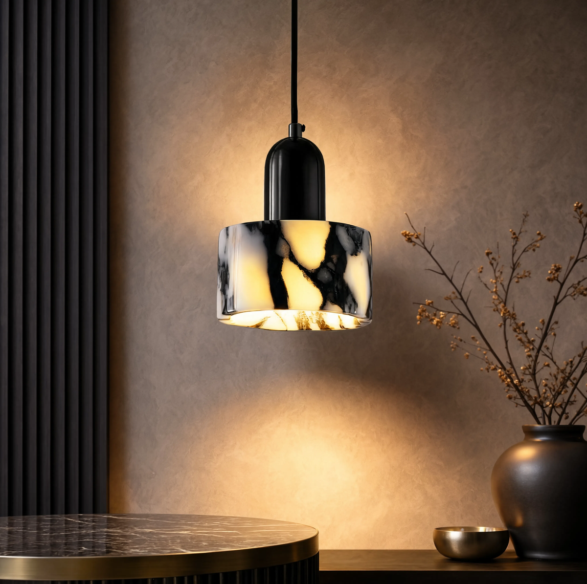 Pendellampa i Natursten – G4 LED, Touchbrytare, Elegant Belysning