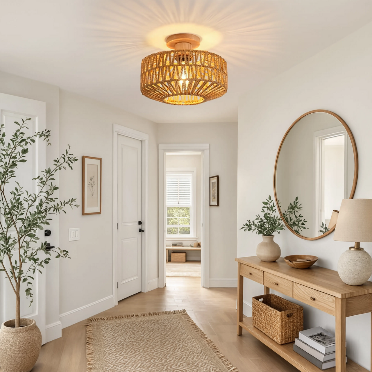 Boho Rattan Taklampa 20 cm – Vintage, E27 LED, Skandinavisk Design