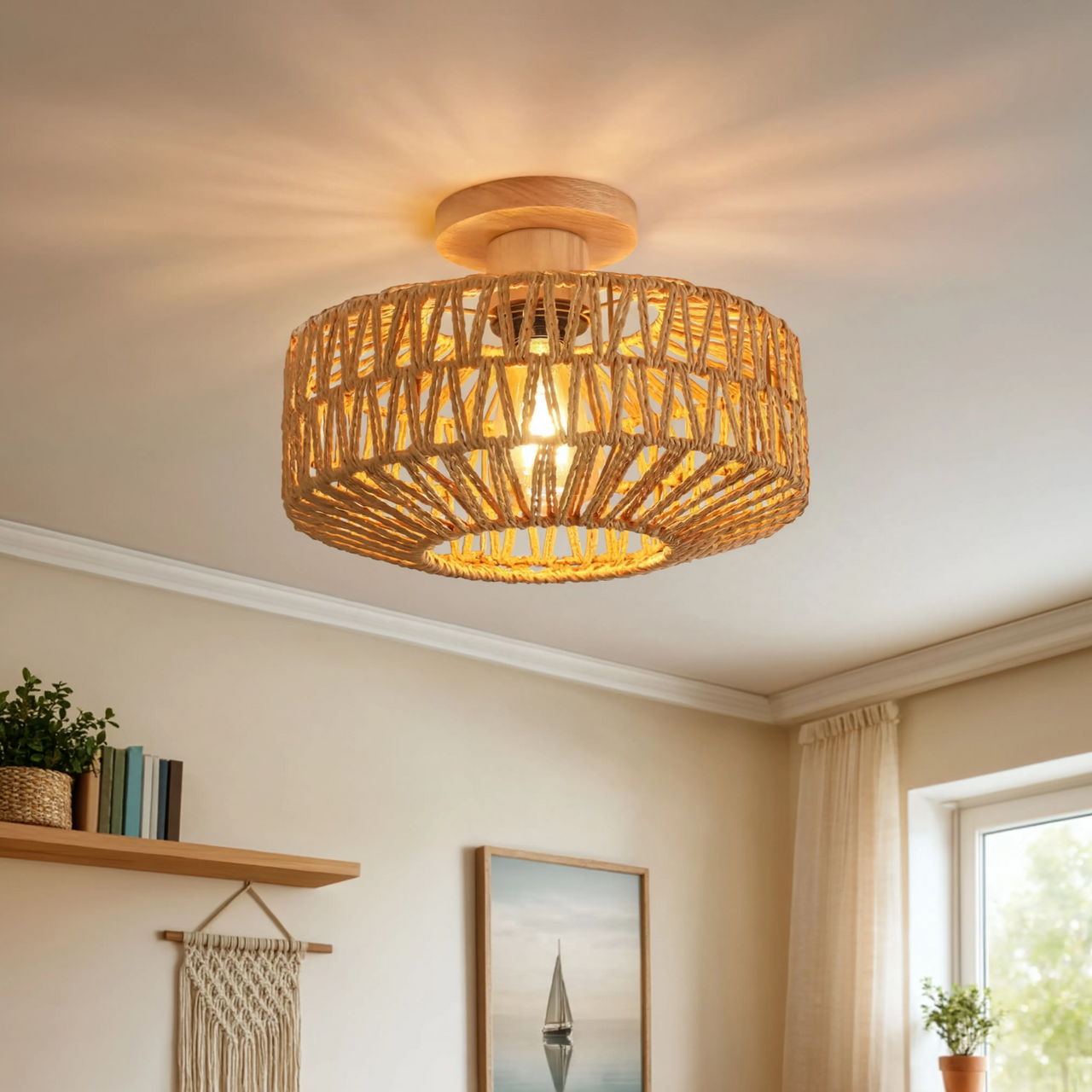 Boho Rattan Taklampa 20 cm – Vintage, E27 LED, Skandinavisk Design