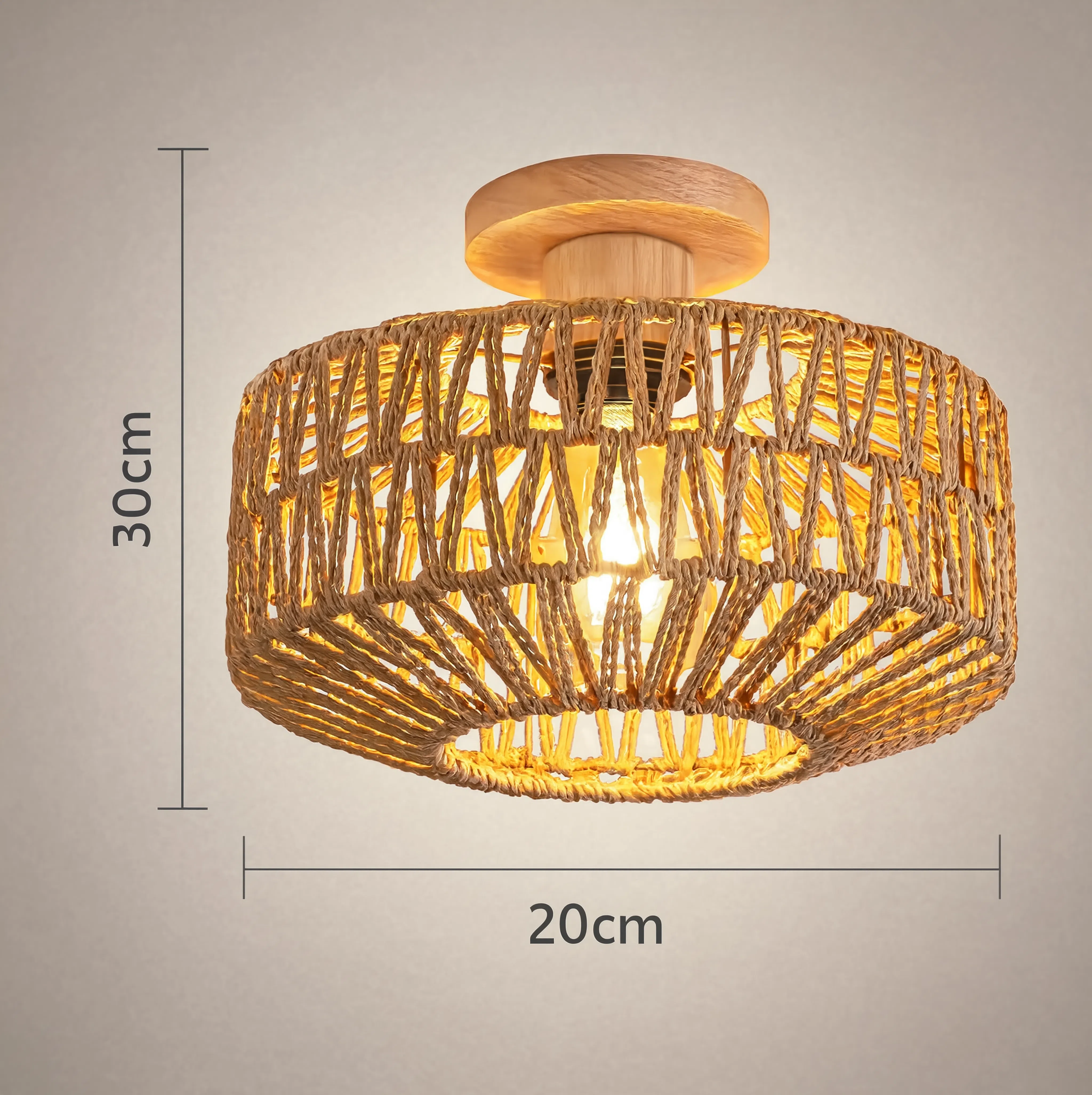 Boho Rattan Taklampa 20 cm – Vintage, E27 LED, Skandinavisk Design