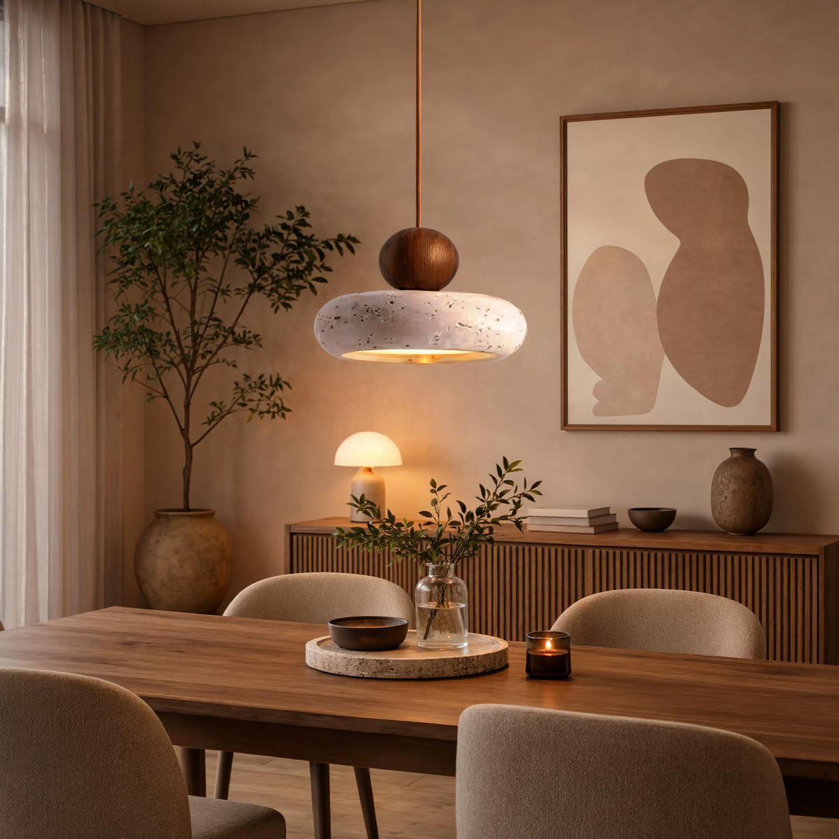Travertin & Trä Pendellampa – Wabi-Sabi, E27 LED, Skandinavisk Design