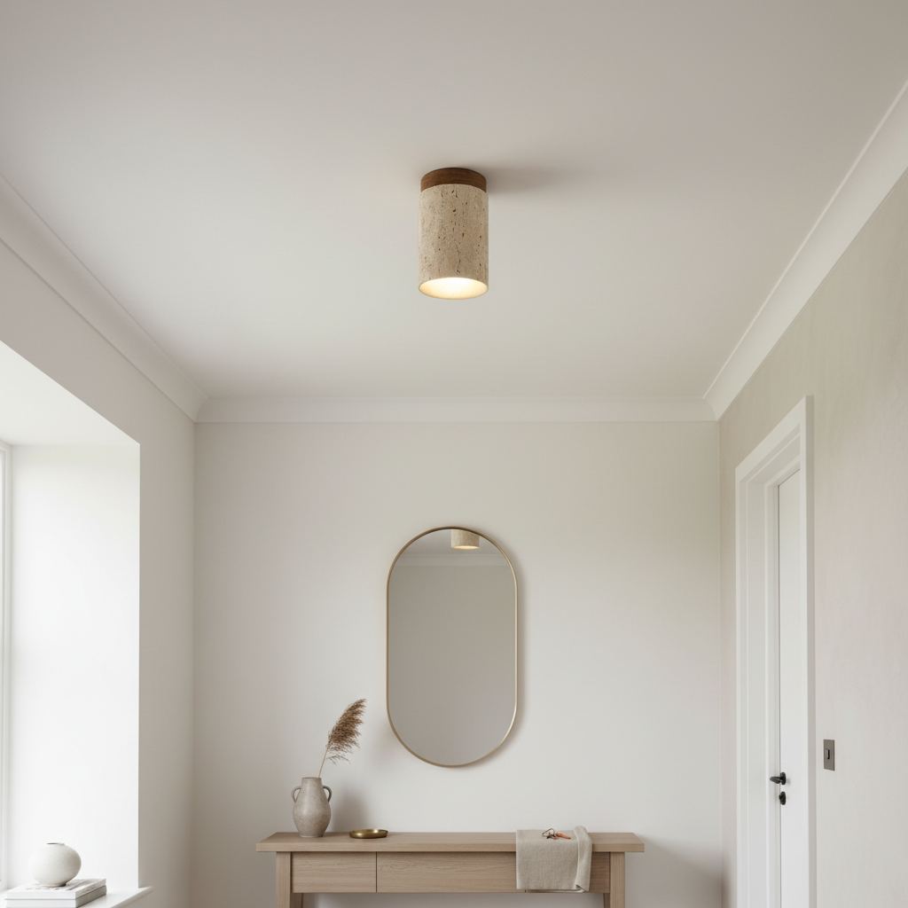 Rund Travertin & Valnöt Taklampa – E27 LED, Modern Naturstensbelysning