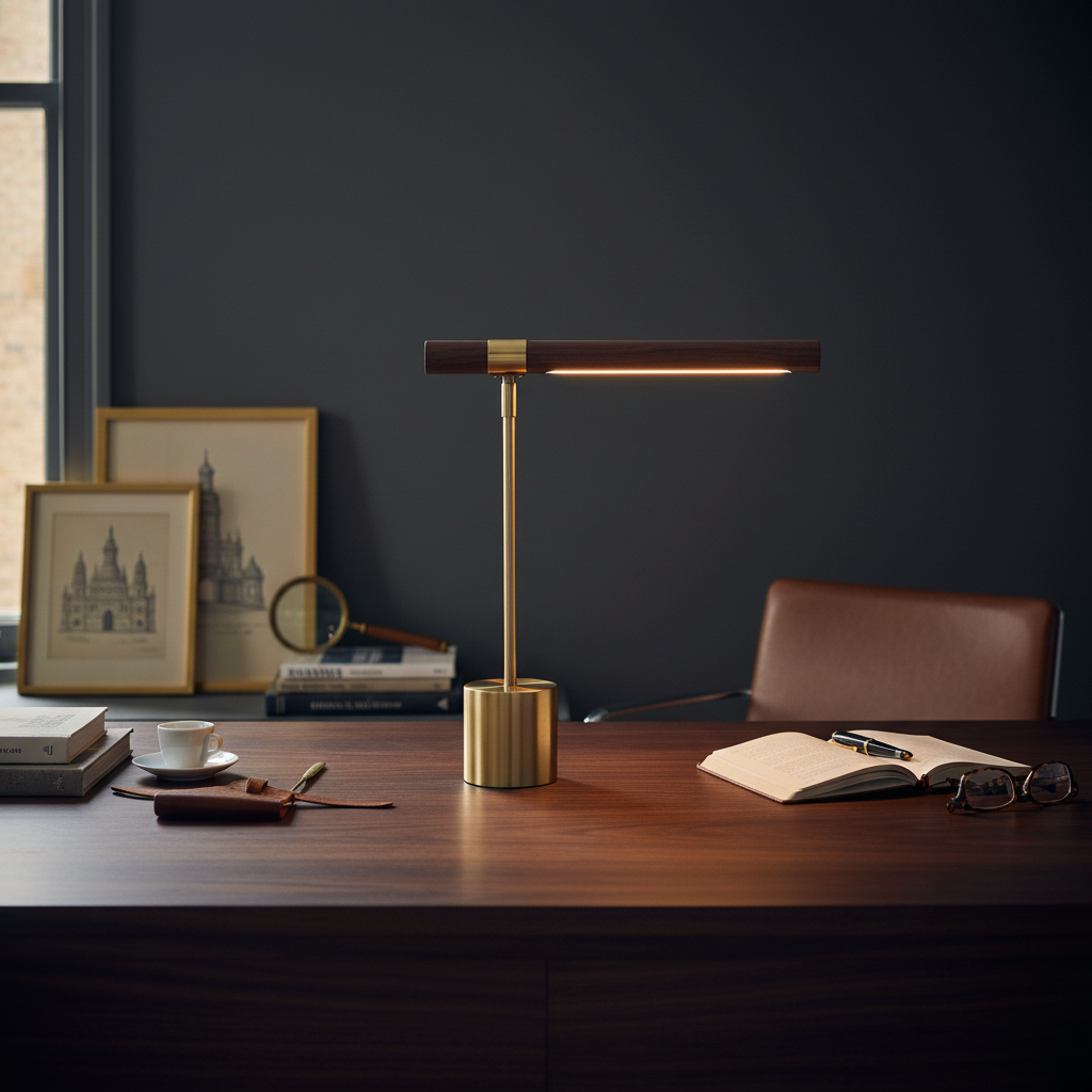 Valnöt & Mässing T-Bordslampa 45 cm – Skrivbordslampa, Dimbar LED, 3 ljuslägen