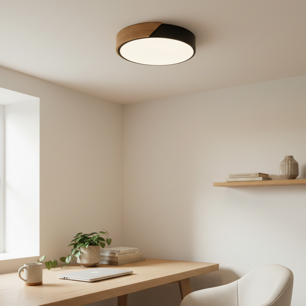 Rund LED Taklampa i Trä & Akryl – Fjärrkontroll, 3 Ljuslägen